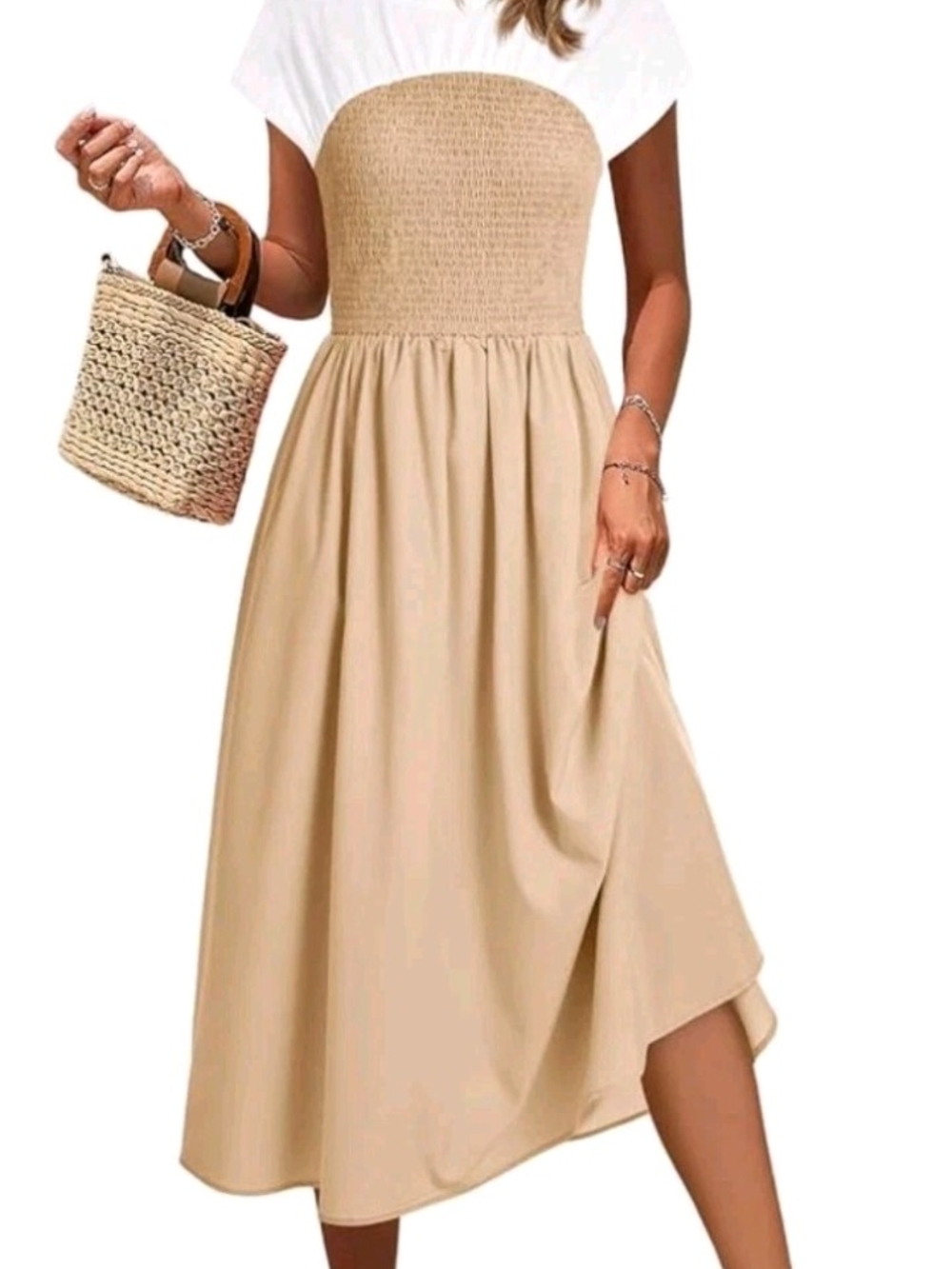 Wenrine Womens Casual Summer Midi Dress Smocked Cap Sleeve Crew Neck Color Block